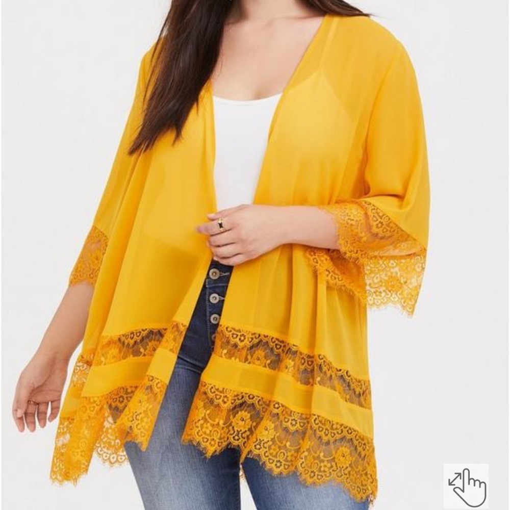 Torrid Yellow Chiffon Lace Mix Kimono 1/2
